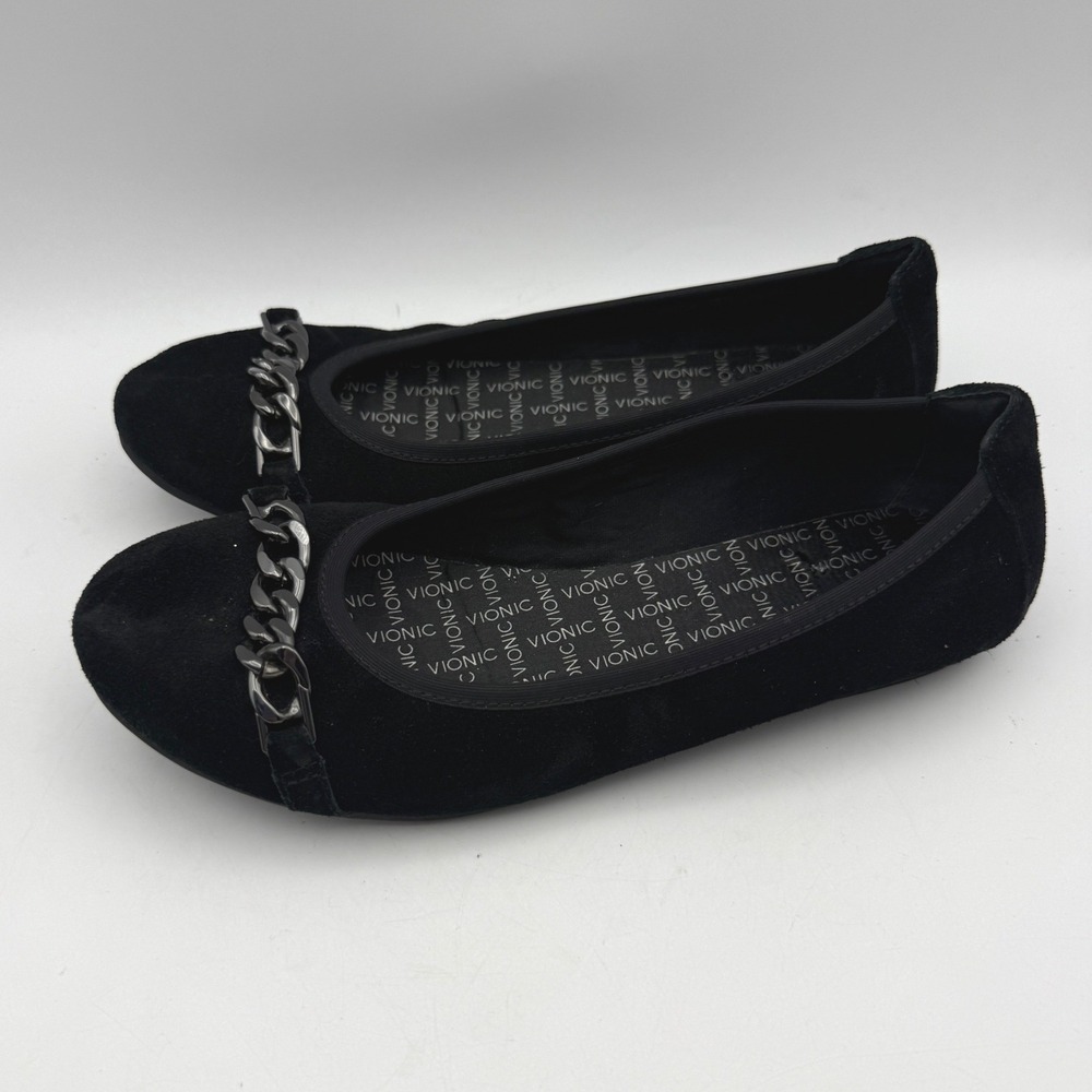 Vionic Pera Ballet Flats Womens 6.5 Black Suede Chain Link Orthotic Casual